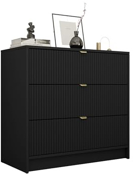 Mirjan24 Kommode Tireno 3SZ mit 3 Schubladen (Schwarz) | Schubladenkommode mit geriffelten Fronten und goldfarbenen Griffen für Kleidung und Accessoires, B/H/T: 80/75/40 cm