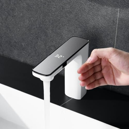 XJTNLB Wasserhahn mit Sensor Bad Infrarot Sensor Wasserhahn mit Einstellbarem Temperaturbegrenzer Waschtischarmatur Infrarot Sensor aus Edelstahl,Weiß