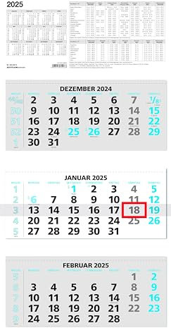 Zettler - 3-Monatskalender 2025 blau, 33,5x71cm, Bürokalender mit Jahresübersicht, Datumsschieber, faltbar, 3 Monate auf einen Blick, Feiertage/Ferientermine DE/AT/CH und deutsches Kalendarium