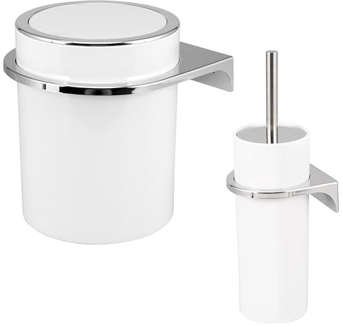 bremermann Savona, Set da 2 Pezzi, Secchio cosmetico da 5,5 Litri e scopino WC con Supporto a Parete, Rotondo (Bianco)