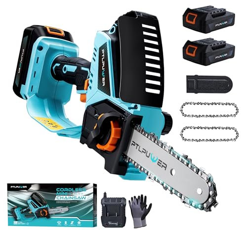 PTLPUWER Mini Chainsaw Cordless 6 inch Battery Electric Hand Held Small Chainsaw with 2000mAh ×2 and 38W Fast Charger Brushless Motor for Garden Courtyard Tree Branch Wood Cutting Gift for Man