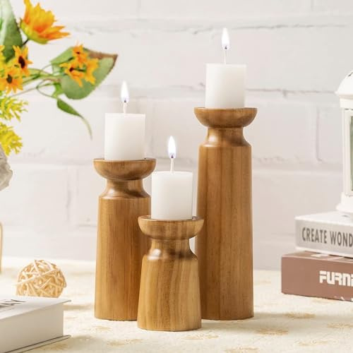 Candle Holders for Pillar Candles : 3 Pcs Wooden Candle Holder - Rustic Farmhouse Decor Table Centrepiece Candle Holders for Living Room Fireplace Decorations