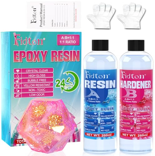 Fidton Epoxy Resin Kit - Crystal Clear Epoxy Resin for DIY Home Decorations, Casting Resin for Keychain, Bookmarks, Jewellery Making, Resin Artwork - 520ml