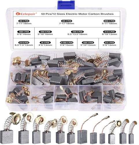 Celepoir 50Pcs Electric Motor Carbon Brushe, Carbon Brushes for Power Tools | 12Sizes 125#/6#/411#/303#/153#/103#/6-100#/100#/51#/44#/43#/21#, Carbon Brushe by Size for Repair Mitre Saw, Angle Grinder