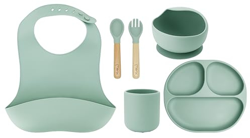 Juego de vajilla para niños con cubiertos MoMi AMI, set de 6 piezas: babero, cuchara, tenedor, plato, bol 360 ml, taza 180 ml, hecho de silicona, apto para lavavajillas y microondas