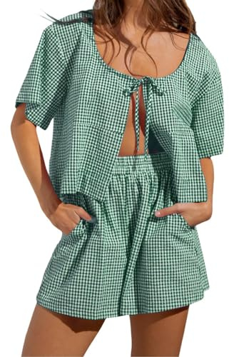Pyjama Femme Sexy Femmes Cravate Avant 2 Ensemble Short et Haut à Carreaux Manches Bouffantes Chemise péplum Ourlet à Volants Pyjama Ensemble Tenue rayée Pyjama Polaire Lingerie Femme Sexy (Green, S)
