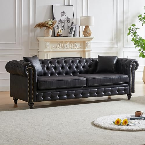 KEIKI Chesterfield Sofa, Retro Style Upholstered 3 Seater Tech Fabric Couch with Rolled Arm for Living Room Bedroom Office, Black