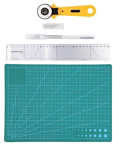 Juego de 5 Cortadores Giratorios, Cortador Giratorio y Tapete, Kit de Herramientas de Artesanía Hecho a Mano con Bolsa de Almacenamiento, Regla, Tapete de Corte, Cortador de Tela