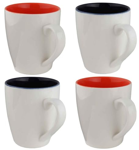 AiXception Ceramic Coffee Mugs Set of 4, 450ml, White with Orange Red Blue Interior, Microwave & Dishwasher Safe (Orange Blue)