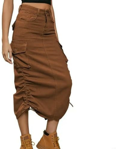 YIMAISZQ Lång kjol dam stretch denimkjol, hög midja dragsko jeans ledig irnormal cargomode streetwear arbete kontor brun XL