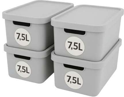 Plastard Aufbewahrungsboxen mit Deckel 7,5 L, 4er-Set, Grau, BPA-frei, Stapelbar, Ordnungsbox für Küche, Bad, Büro, Kinderzimmer, Regale – Robuste Kunststoffbox, Kleiderbox