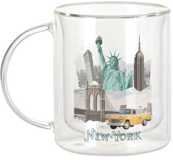 Fabulous Dubbelväggig glasmugg - New York collage Amerika resor vykort - kaffekopp och isolerad 330 ml hängande effekt anti-buller, tryck i Frankrike