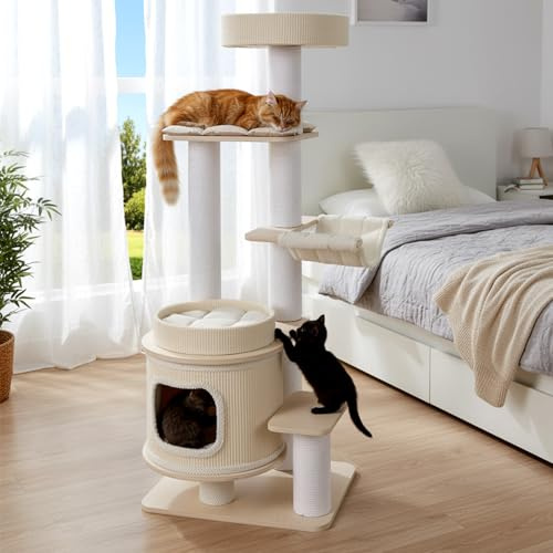 COSTWAY Kratzbaum groß, 151 cm, Katzenbaum Holz, Katzenkratzbaum mit dicken Stämmen, Plattformen, Katzenhöhle, Bett, Kratzpfosten & Hängematte, Katzenturm Kletterbaum Katzen, Grau+Natur