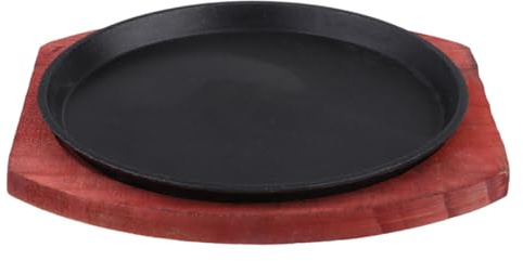 STAHAD Padella in Ghisa Rotonda Antiaderente 21 Cm per Fajitas e Bistecche con Vassoio in Legno, Adatta a Fornelli a Induzione a Fiamma, Piastra Riscaldante Multifunzionale per Cucina