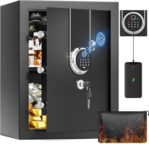 48L Biometric Safe Box with Fireproof Document Bag, Home Safe with Digital Keypad and Spare Keys, Money Security Safes for Home Office Hotel Business, 31D x 35W x 42H