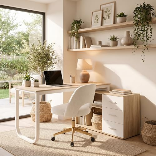 DEZAGCE L Shaped Desk, Reversible Computer Desk with Storage Drawer, Adjustable Shelf, Corner Desk for Home Office, Study, Gaming, Natural Wood