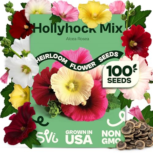SVI 100 Mix Hollyhock Seeds (Alcea rosea) - Mallow, Common Hollyhock Seed Packets, Attracts Hummingbirds - Heirloom Flower Seeds for Outside & Inside, Meadows, Fences, Beds