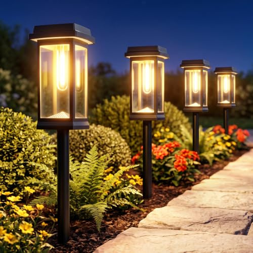 RECHOO Solarlampen für Außen Garten 4 Stück, Warmweiße Solarleuchten Garten mit Metall Erdspießen & 2 Modi, IP65 Wasserdicht Solarleuchten für Außen, Geschenk für Gartendeko, Weg, Terrasse, Balkon