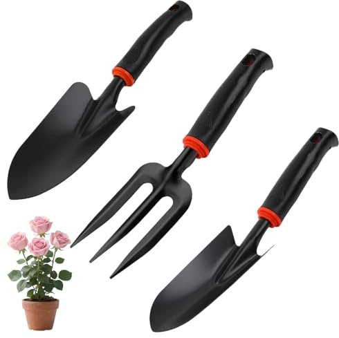GWEOR Kit Orto 3 Pezzi, Vanga Larga 32x8,5cm, Paletta da Trapianto 34x6cm, Rastrello 28x8cm, Acciaio al Carbonio ad Alta Resistenza, Rivestimento in Teflon Antiruggine per Trapianto e Arazione