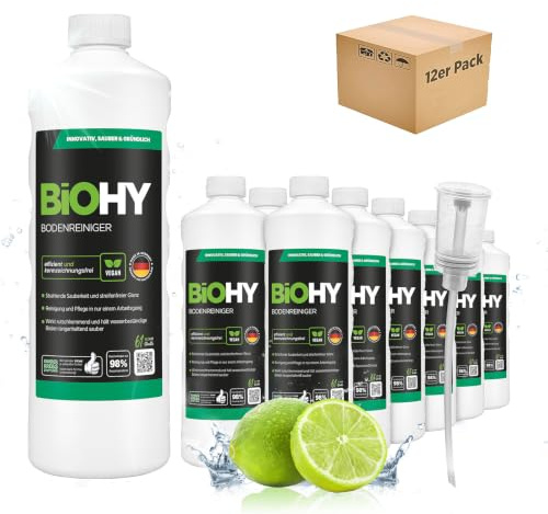 BiOHY Bodenreiniger (12 x 1 Liter) + Dosierer | Konzentrat für alle Reinigungsgeräte und alle Hartböden | angenehmer Geruch und streifenfreie Reinigung | ideal für Laminat, PVC & Stein