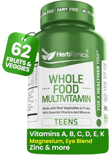 Herbtonics Whole Food Teen Vitamins for Energy, Focus & Immune Support - Multivitamin for Teenage Boys & Girls (12-18) with Real Superfoods - Vegan, Plant Based, Non-GMO - 60 Easy Swallow Capsules