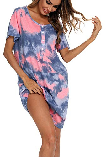 ENJOYNIGHT Chemise de nuit à manches courtes pour femme - Chemise de nuit d'allaitement - Chemise de nuit courte - Boutonnière, Bleu/rose, XXL
