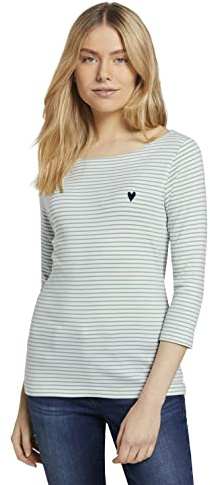 TOM TAILOR 1024035 T-shirt à Manches Longues avec Rayures Femme ,26035 - White Green Small Stripe ,L