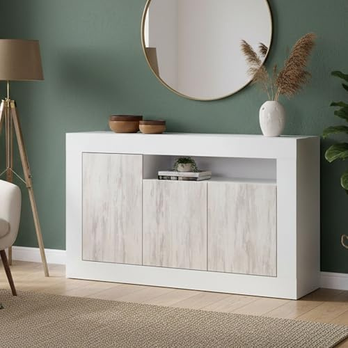 Dmora - Buffet Thornton, Armoire de salon, Buffet de salon avec compartiments, Meuble TV, Buffet moderne avec 3 portes, 144x42h87 cm, Blanc