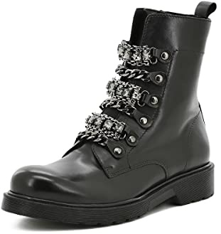 QUEEN HELENA Stivali Anfibi di Pelle Stivaletti con Lacci Plateau Casual Comodi Invernali Donna QH2358 (Nero, Numeric_37)