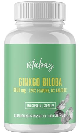 Vitabay Ginkgo Biloba 6 000 mg hög dos – 180 ginkgo kapslar VEGAN | Kapslar med 24 % flavone och 6 % lactone – hög doserad vegansk och laboratorietestad