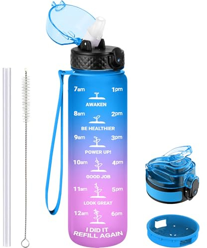GOPPUS Trinkflasche, 1L BPA-Frei Tritan Wasserflasche mit Strohhalm, Trinkflasche Sport Auslaufsicher mit Zeitmarkierung und Bürste, Sportflasche für Fitness, Schule, Yoga, Outdoor(1 Flasche)