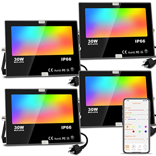 LED Flood Light Outdoor, 30W Equivalent 3000LM Smart RGB Landscape Lighting with APP Control, DIY Scenes - Timing - 5700K Daylight White -Color Changing Uplight, IP66 Waterproof US Plug MELPO(4 Pack)