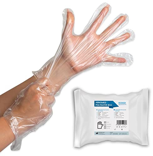 ARNOMED Guanti monouso in PE da marito, 100 pezzi guanti usa e getta per bustina, guanti plastica domestici per alimenti, guanti trasparenti monouso protettivi per tinte capelli, guanti sottili