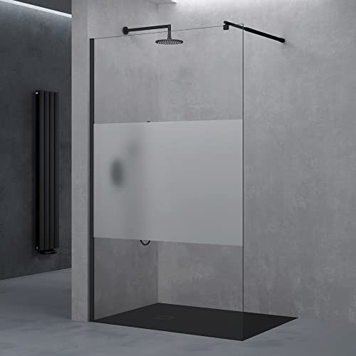doporro Paroi de Douche à L'italienne Transparent avec Bande Opaque 50cm Pare-Douche Verre de Sécurité 10mm Bremen02MS 50x200cm Profilé Noir Stabilisateur Rond