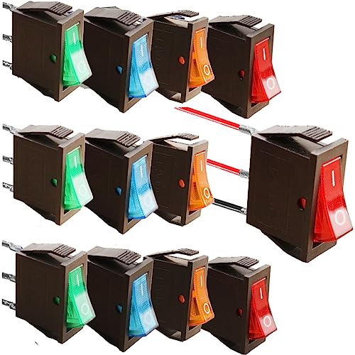 RUNCCI-YUN 12pcs 12V-24VDC Interruttore a Bilanciere,Auto Interruttore 12V, interruttori a levetta LED SPST 3 Pin 2 Posizioni ON/OFF + Connettore filo (Rosso/Blu/Giallo/Verde)
