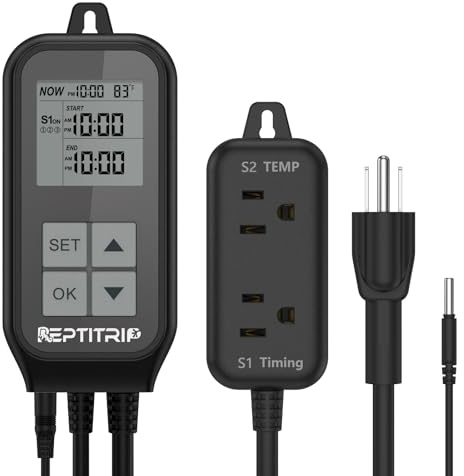 REPTITRIP Reptile Thermostat, Light Timer for Temperature and Lighting Control, Day-Night Timer Thermostat with Reptile Thermometer for UVB Light, Heat Lamp, Heating Pad, 10A 1250w