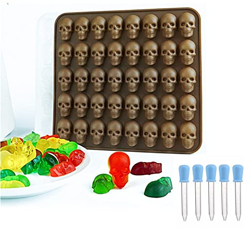 Joyeee Halloween-Silikonformen, Totenkopf mit 40 Mulden und 5 Tropfer, Pralinenformen für Buntstift, Gelee, Fondant, Harzkekse, Zufallsfarbe