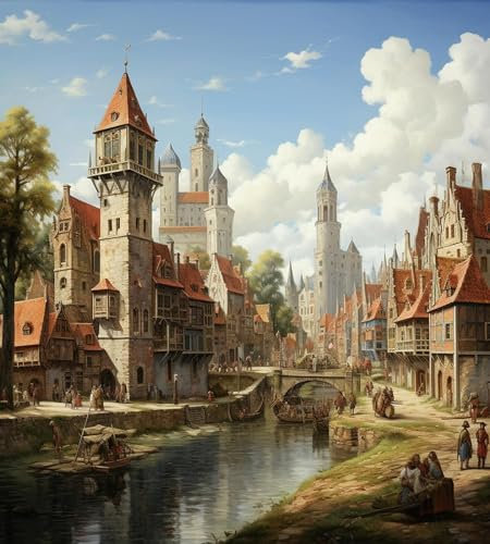 SonGxu Malen Nach Zahlen Für Erwachsene,Retro mittelalterliche Stadt,Painting by Numbers Moderner Stil öl Wandkunst Home Haus Dekor,40x50cm