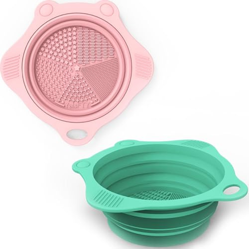 2PC faltbare Silikon-Applikator-Reinigungs-Pads-Schalen, YalsFTY tragbares Matten-Reinigungsgerät für Kosmetikpinsel (Pink und Grün)