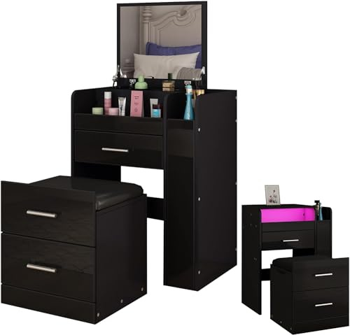 Schwarz Schminktisch mit LED Beleuchtung Aufklappbarer Spiegel Kosmetikkommode 3 Schubladen und Fächern & Hocker für Schlafzimmer Wohnzimmer