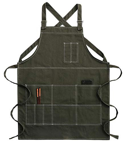 ECOLFE Schürzen für Männer, Arbeitsschürze, Segeltuchschürze, Werkstatt-Werkzeugschürze mit verstellbaren Trägern for Friseur, Küche, Gärtner, Café (Farbe: Schwarz, Größe: X-Large)(Color:Green)