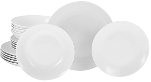 CreaTable, 20341, Serie Luna Weiss, 18-teiliges Geschirrset für 6 Personen, Teller Set aus Porzellan, spülmaschinen- und mikrowellengeeignet, Qualitätsproduktion