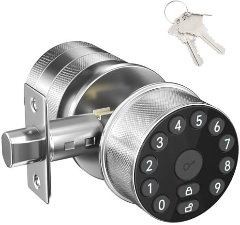 FITNATE Keypad Door Knob Lock, Electronic Door Handle with Keypad and Key, Automatic Locking, User Managed, 100 Codes, for Office, Warehouse, Bedroom, Garage, Silver