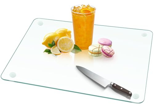 Tabla de cortar de vidrio templado para cocina, tabla de cortar de vidrio transparente con patas de goma, arañazos, calor, resistente a roturas y fácil de limpiar (16 x 20 pulgadas)