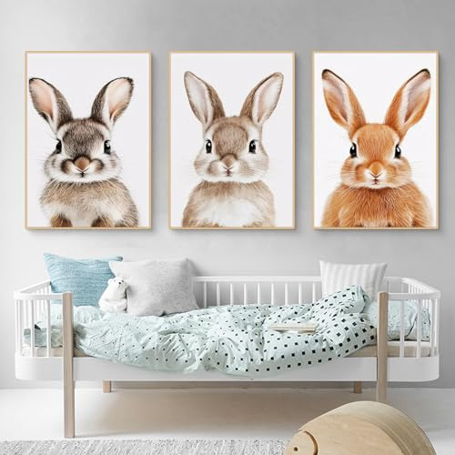 Ueiwffzo 3er Poster Set Bilder Babyzimmer, Poster Kinderzimmer, Lebendiges Hasen Wandbild ohne Rahmen, Niedliche Wanddeko für Kinderzimmer Babyzimmer Wohnzimmer (30 x 40 cm)