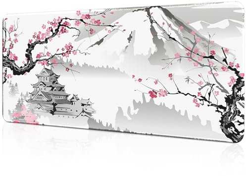 Giecy Tapis de Souris Gaming XXL Mousepad 800 x 300mm, Grand Tapis de Bureau sous Main avec Base en Caoutchouc antidérapante pour Gamer,Personnel de Bureau(Fleur de Cerisier-Version HD)