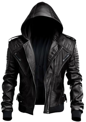 HiFacon Herren-Lederjacke, schwarz, echtes Schaffell, Biker-Kapuze, Motorrad