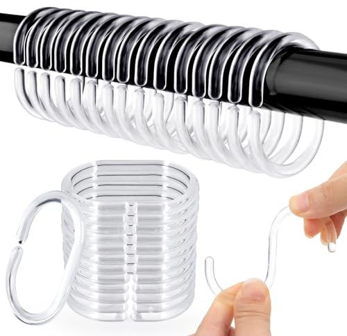 RAINFLOW 36 PCS Clear Plastic Shower Curtain Rings – C-Shaped Decorative Hooks for Smooth Sliding, Durable Rust-Free Bathroom Curtain Rod Accessories