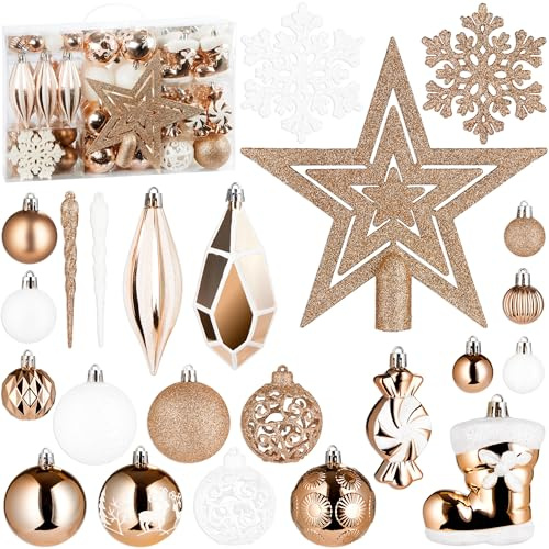 BRUBAKER Juego de 128 Bolas de Navidad - Adornos para el Árbol de Navidad XXL con Bolas de Purpurina, Carámbanos, Colgantes de Diamantes, Caramelos, Botas de Papá Noel y Estrella para el Árbol Champán
