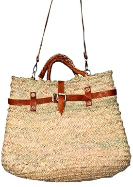 ZocoChic Bolso de Mimbre Mujer, Ratán, Artesanal Marroquí, Trenzado a Mano, Beige, Aprox. 40 cm x 33 cm x 17 cm, Asas de Cuero